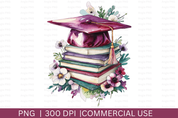 Floral Books, Graduation Cap PNG: A Graphic for Crafts and Digital Selling