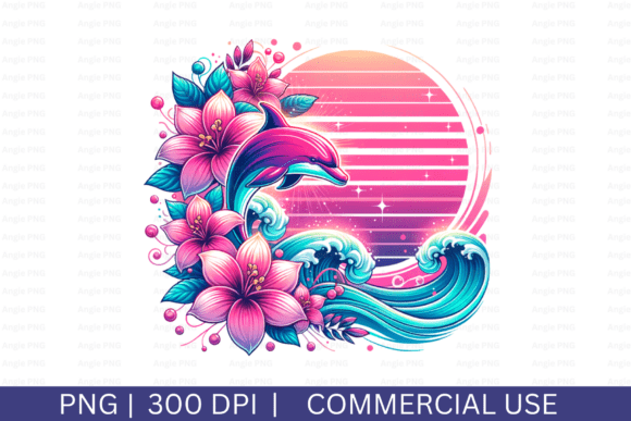 Summer Pink Dolphin, Tropical Flowers Graphics for Crafts