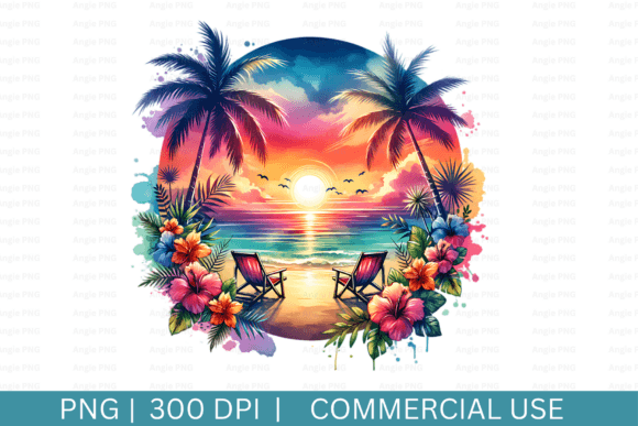 Summer Tropical Beach Sunset Graphics for Crafts