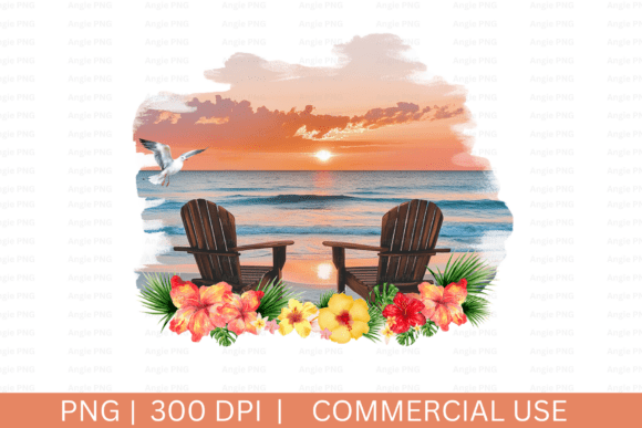 Watercolor Couples Chairs on Beach Graphics for Crafts